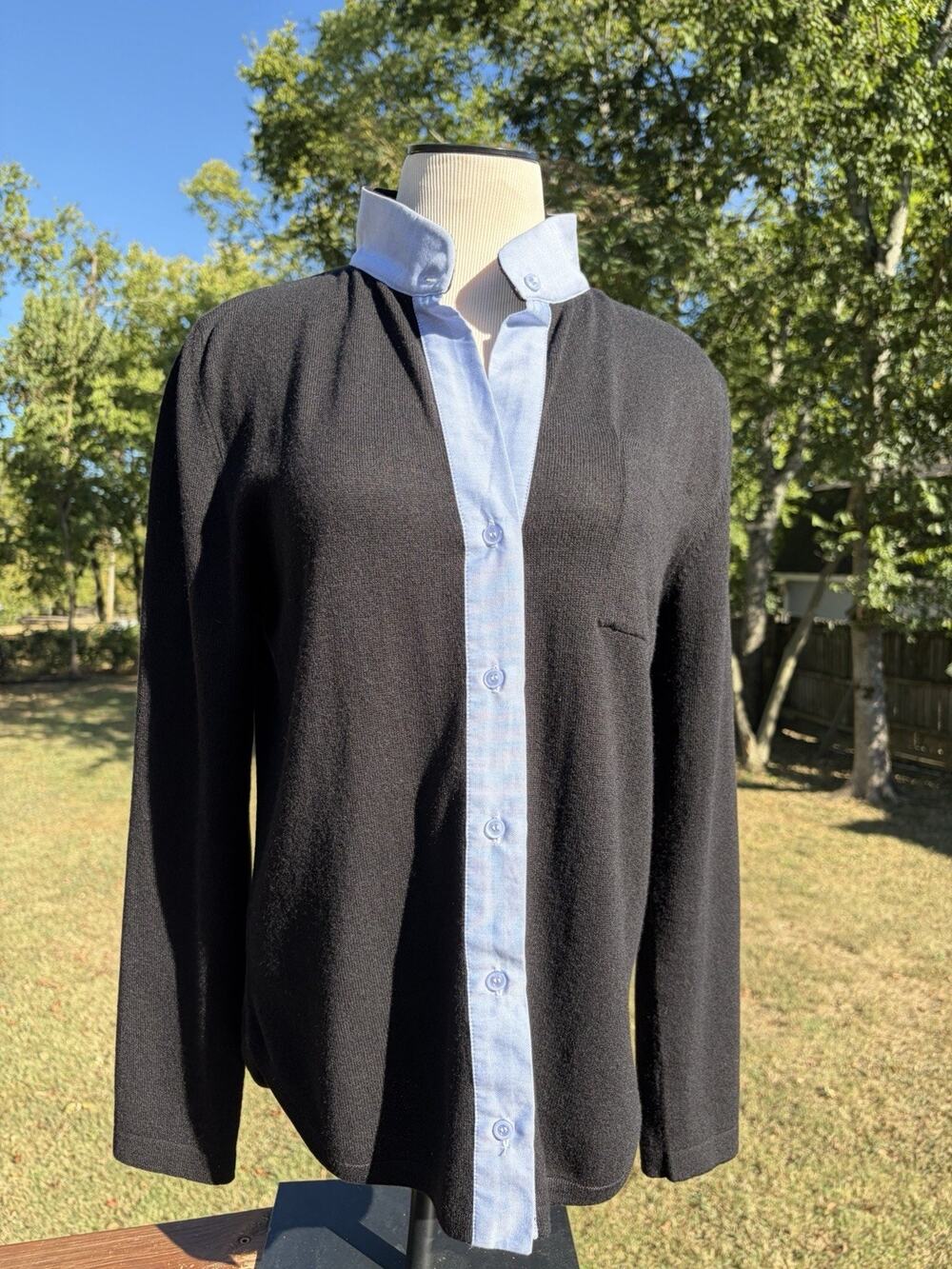 Diane Snyder 100% Cashmere Black Blue Sweater Shirt Office Preppy Womens XL
